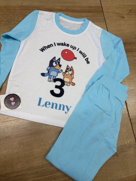 The cutest ‘when I wake up’ pyjamas!! 

For a little boy who loves Bluey! 

✨ Sizes from newborn - adult available 

✨ Many colour options available 

✨ Any design possible 

✨ Lots of other pyjama styles/colours available too.