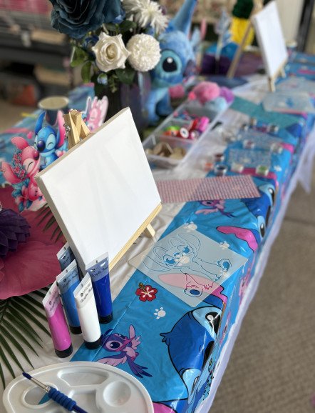 Stitch theme arts and crafts table with keyring making and stencil canvas painting 🎨