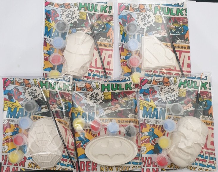 These superhero paint kits are a fun and creative take-home gift! Each kit includes a themed plaster figure, paint pots, and a brush—guaranteed to keep little heroes entertained long after the party ends!