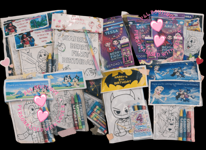 Party favours. 
Colouring gift sets to match every theme. 
A great add on to gift bags or party cups or perfect for individual use.