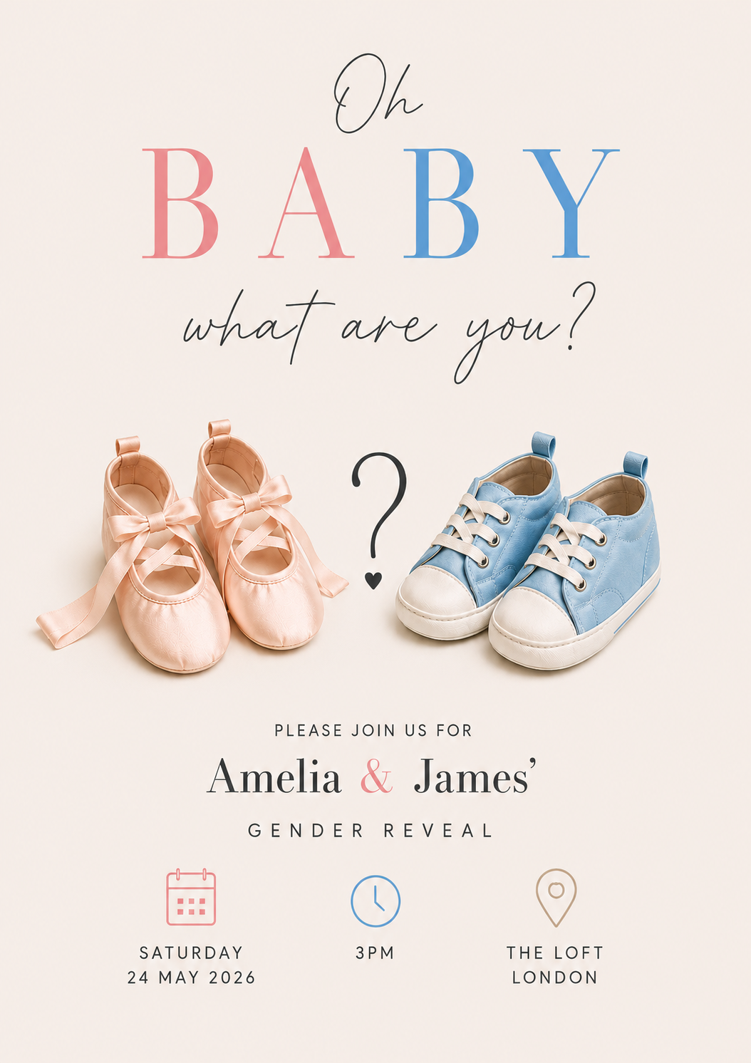 Gender reveal digital invitation design.

Customised to match your theme, colours and event details.

Digital file only — ready to send to guests.