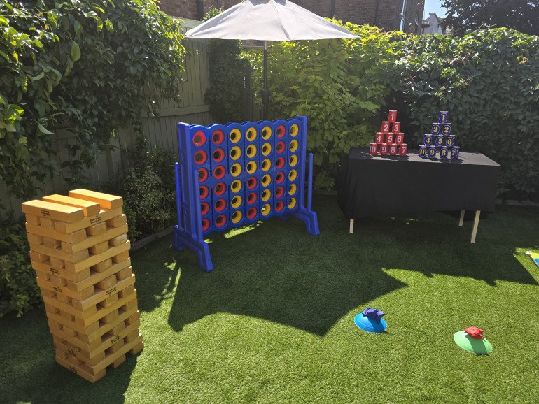 Mini Jenga for kids, Giant Connect 4 and Tin Can Alley
