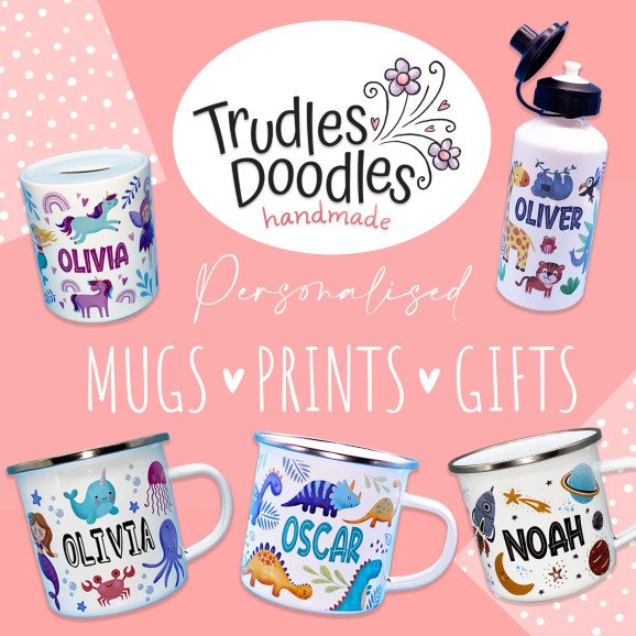 Trudles Doodles Handmade Etsy shop
www.etsy.com/uk/shop/TrudlesDoodles
Personalised gifts, mugs and birthday party invitations for kids