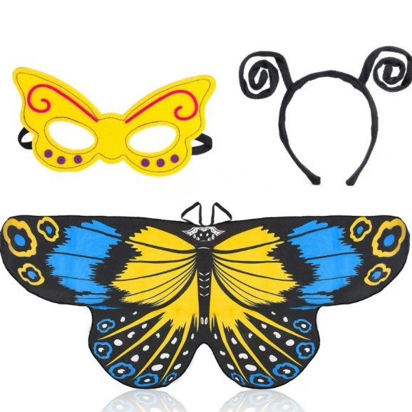 Butterfly Wings Costume 3 Pieces Fancy Dress-Up Set Butterfly Wings Cape Shawl with Antenna Headband and Mask