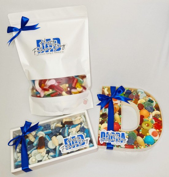 Pick and Mix Pouch, Sweetie filled letter & Sweetie tray. All with personalised stickers