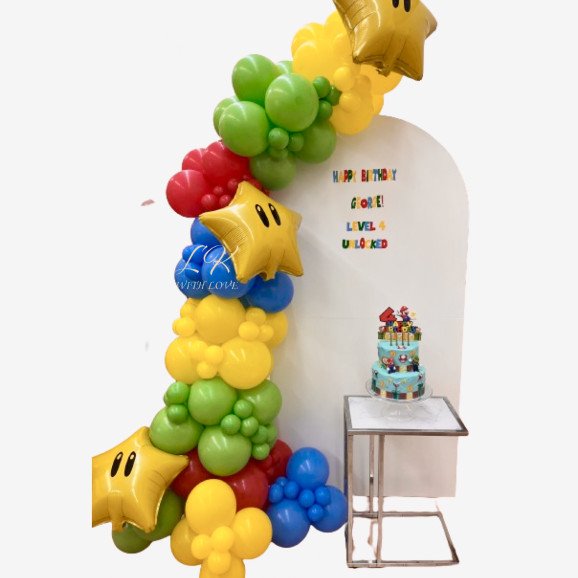 Mario themed sailboard and balloon garland