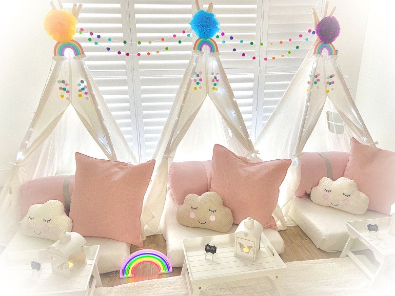 🌈Let your troubles melt like lemon drops… and wake up somewhere OVER THE RAINBOW with this beautiful teepee slumber party theme!🌈
