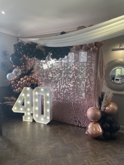 Sequin wall, light up numbers and balloon artistry done by us at a birthday party in Essex