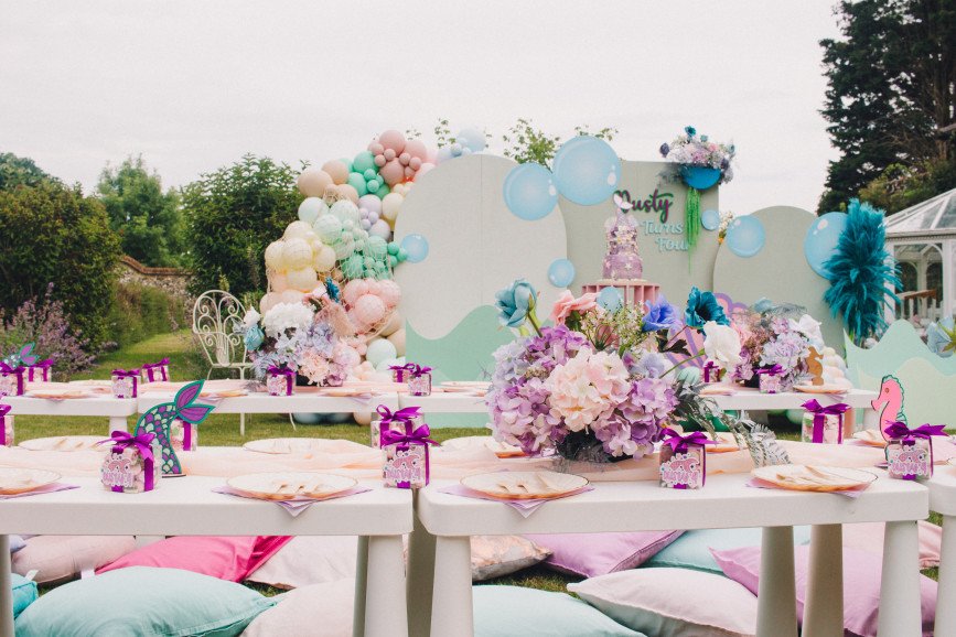 Mermaid themed bespoke picnic and backdrop set up.