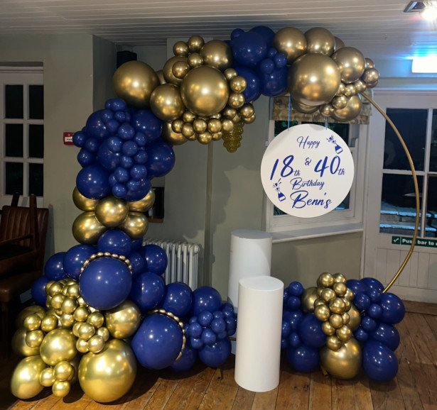Gold and royal blue balloon hoop