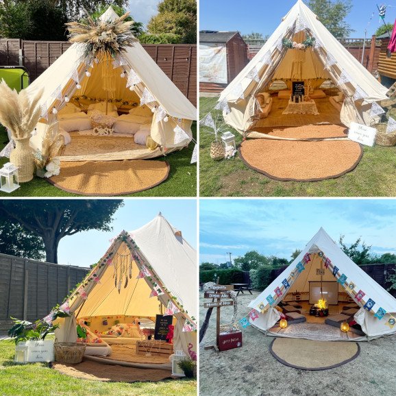 4 and 5 meter Bell tents available to be set up for individual beds or for a chilling space, we can also add our picnic and move projector inside to enjoy the space further.