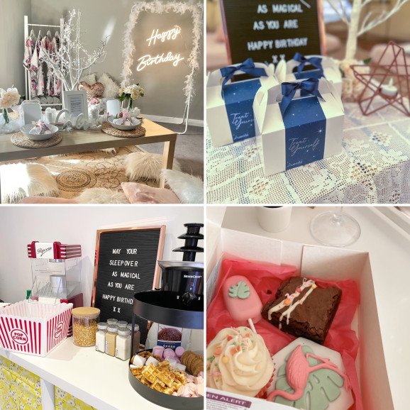 Full Pamper party set up and individual pamper boxes.                                                Popcorn, Chocolate fountain, Hot Chocolate stations and individual treat boxes available as an extra add on to your celebration.