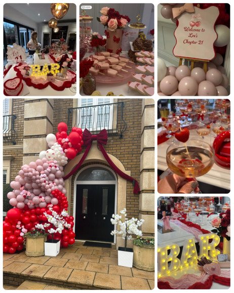 21st birthday party with bar, backdrop, entrance balloons, buffet and welcome board