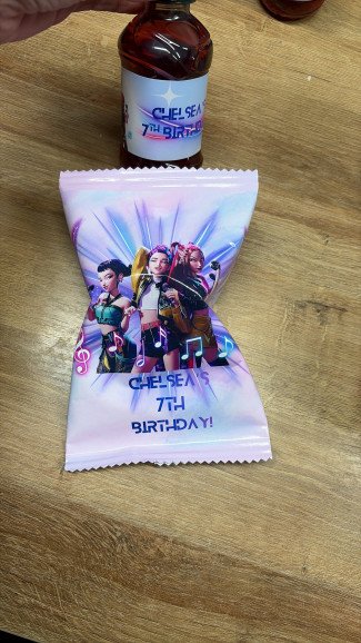 Fruit shoot bottle wrappers.
Crisp wrappers.

I can also do chocolate wrappers. Sweetie wrappers. Please just ask :)

These take parties to the next level! ⬆️ 
Any design possible.