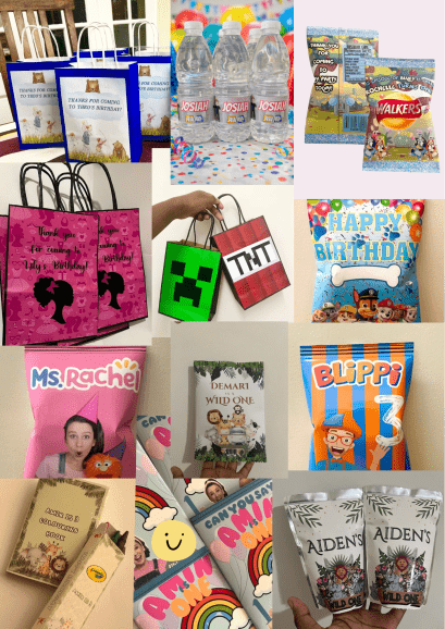 A selection of personalised party favours created for birthdays and special occasions. Available in a wide range of themes. Party bags, crisp packets, drink labels, colouring books, activity packs and pre-filled favour options available.