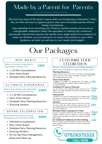 From ideas, blueprints to full party management! Choose our Mini Magic, Ultimate, or Grand Celebration packages. Mix & match custom add-ons like cakes, favours & decor. The perfect party planner for every budget. Inquire today to secure your date.