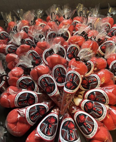Sweetie cones with personalised stickers. The perfect gift for after a party! These can be created to match any theme. If you don’t like cones, I can do sweetie bags instead. Will still include personalised stickers.