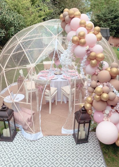 Our garden igloo full set up for a dinner party for a girls night