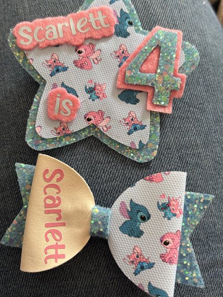 Birthday badge and hair clip sets. Customised to order, I can do any design so please just ask. These can also include a matching wand. The perfect extra addition to your little ones special day!