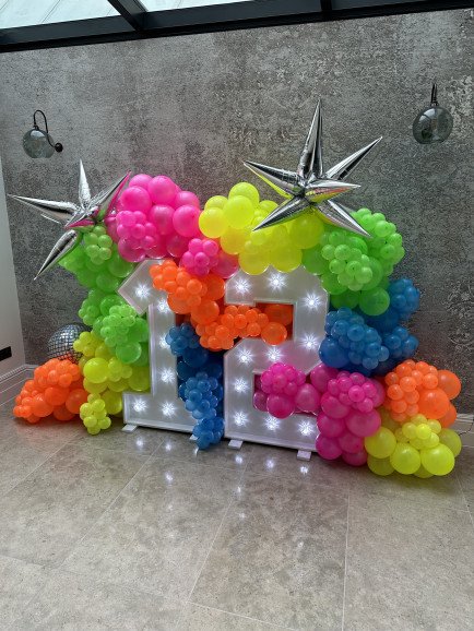 Neon themed light up number balloon backdrop
