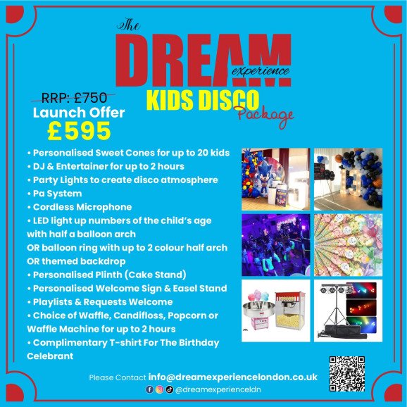 Huge deal with our fully loaded kids party disco package. A one stop shop for your kids party. All you need to do is book your venue and invite your guests.