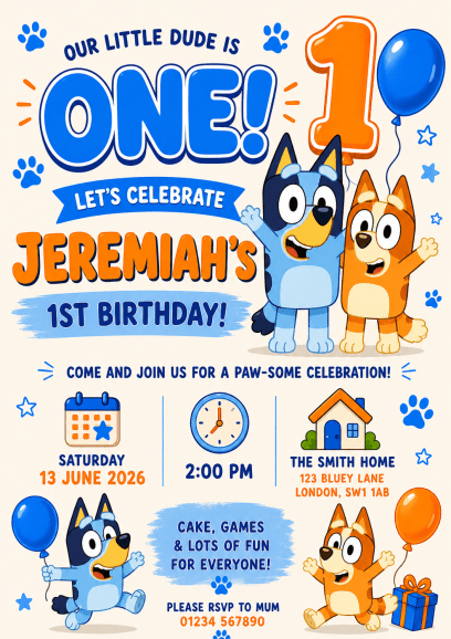 Children’s birthday digital invitation design.

Customised with your child’s name, age, party details and theme.

Digital file only — ready to send to guests.