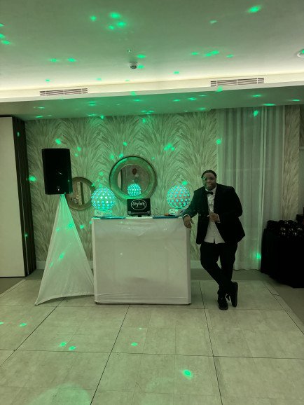 We have DJ set ups in white, black, disco themed or LED starcloths.