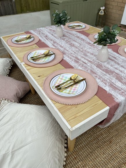 Picnic set up for a small garden gathering of 6 people