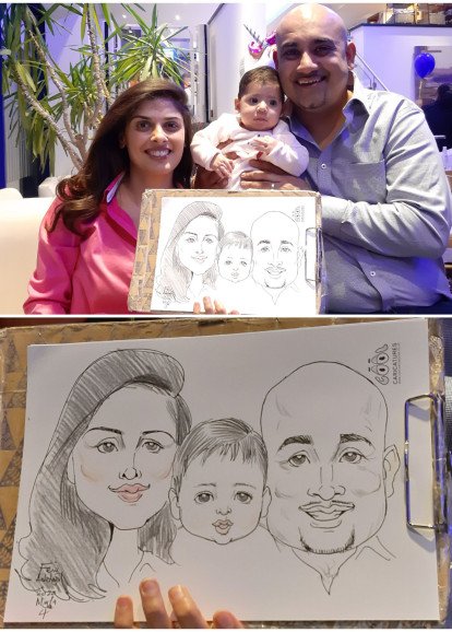 Family caricatures at children’s birthday party in London, UK