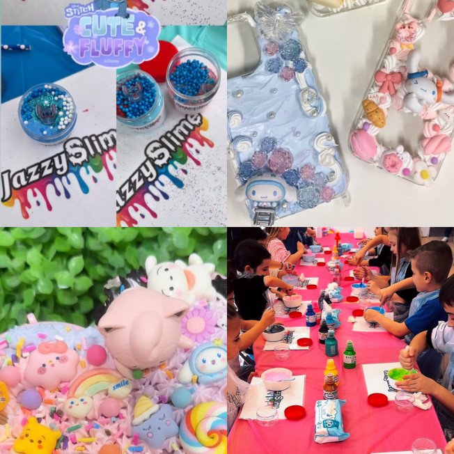 Jazzy Slime Party | Glitter tattoos | Decoden phone case and jewellery box workshops | Decorate denim jackets